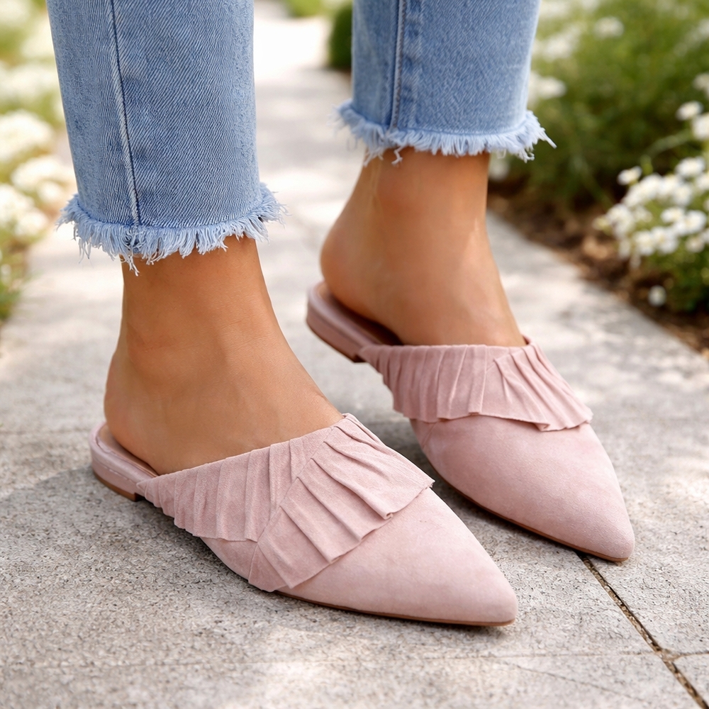 Fsa Japia Blush Suede Ruffle Pointed Toe Mules | Slip-On Chic Flats